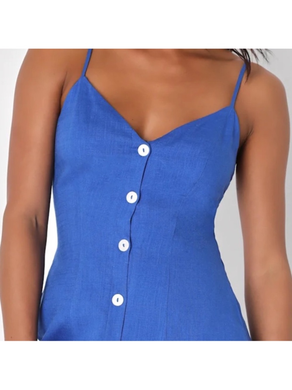 Lulu's Cobalt Button-Front Mini Linen Wedding Guest Graduation Dress - Picture 2 of 6